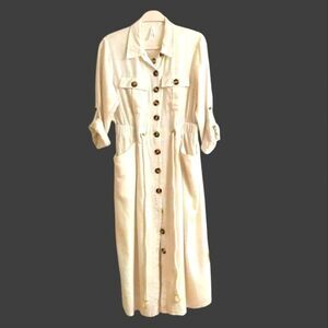 Cream Button-Down Midi Dress Tab Roll Sleeve Lagenlook NWOT Large
